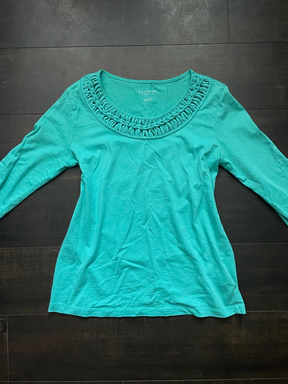 Talbots Teal Braided Scoop-Neck Long Sleeve Top